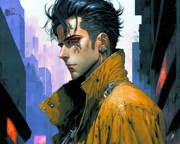 Futuristic cityscape with a solitary, mysterious figure