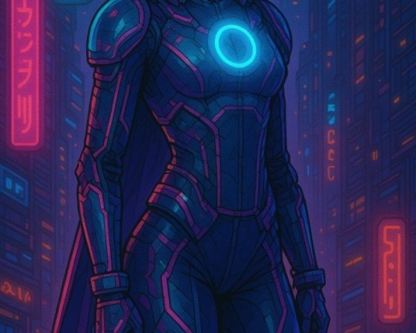 Cyberpunk Scene of Woman in High-Tech Suit Amid Neon City