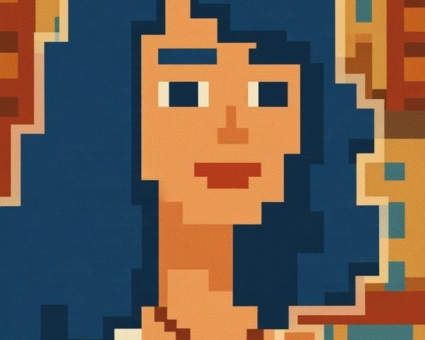 Pixel Art of Woman with Blue Hair and Playful Background
