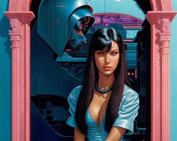 Woman in Blue Dress by Ornate Archway with Robot