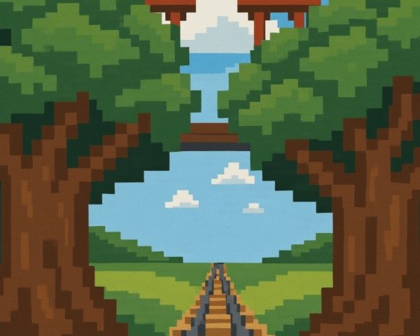 Vibrant Pixel-Art Landscape with Trees and Railway Track