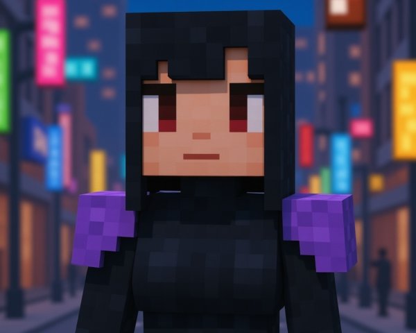 Pixelated Character in a Neon Cityscape Setting
