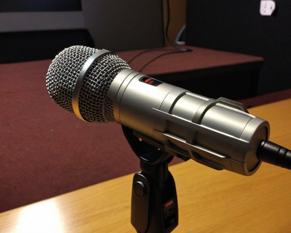 Close-up of a silver microphone on a wooden table