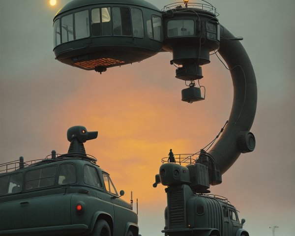 Surreal landscape with whimsical vintage vehicles and cabin