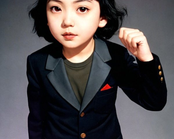Young Child in Stylish Black Suit with Gray Lapel