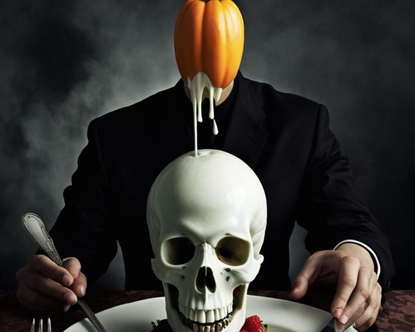 Surreal Dining Scene with Skull and Pumpkin Elements