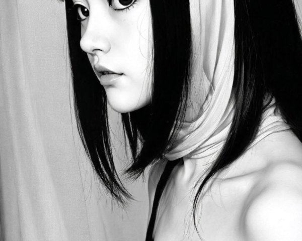 Black-and-white portrait of a young woman with scarf