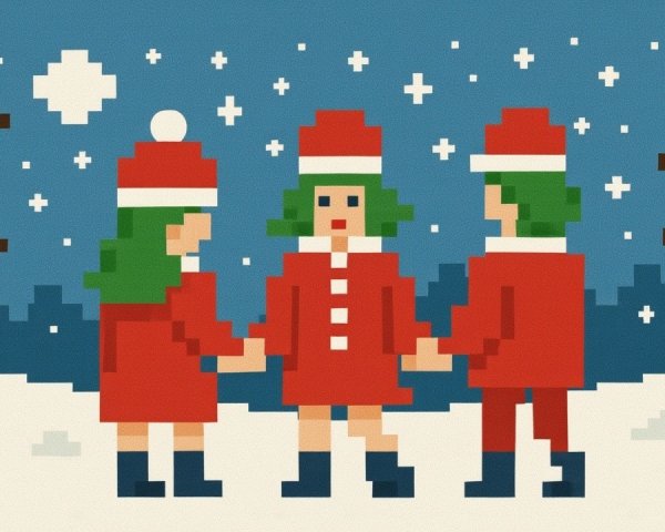 Pixel Art Figures in Snowy Winter Landscape