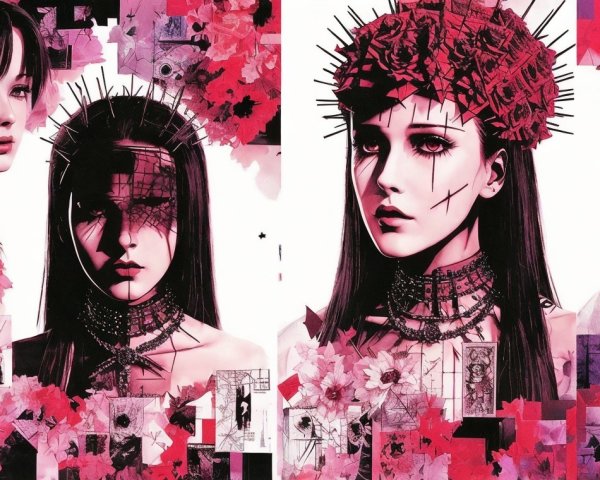 Surreal Artwork with Enigmatic Figures and Flowers