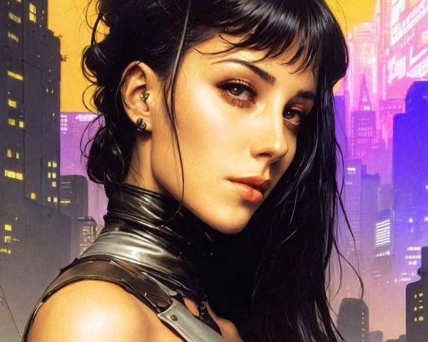 Futuristic Character Portrait with Vibrant Cityscape