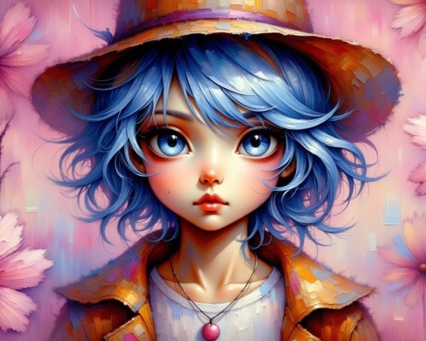 Whimsical Portrait of a Girl with Blue Hair and Hat