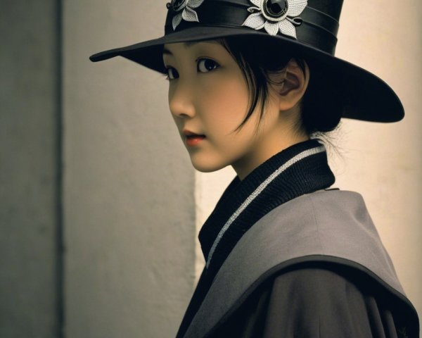 Young woman in black hat with floral accents in profile