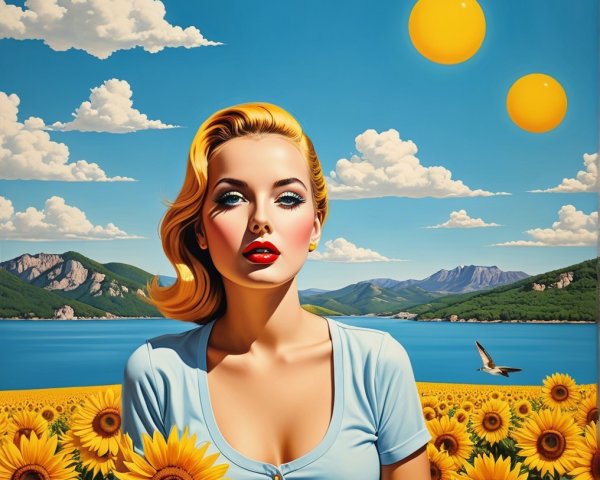 Glamorous Woman in Sunflower Field with Scenic Backdrop