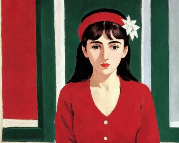 Portrait of a Young Woman in Red with Striped Background