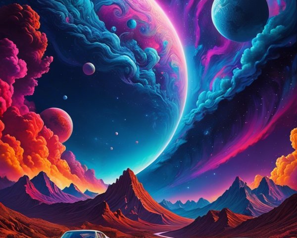 Vibrant Cosmic Landscape with Classic Cars and Mountains