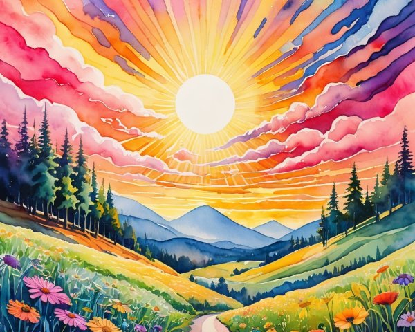 Vibrant Watercolor Landscape with Wildflowers and Hills