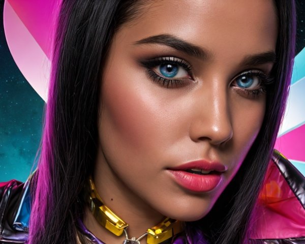 Close-up of a young woman with blue eyes and dramatic makeup