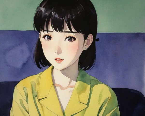 Young woman in yellow shirt against watercolor backdrop