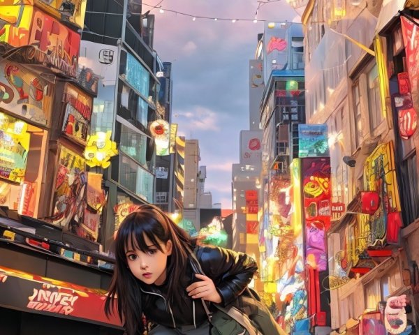 Young woman in vibrant urban scene at dusk