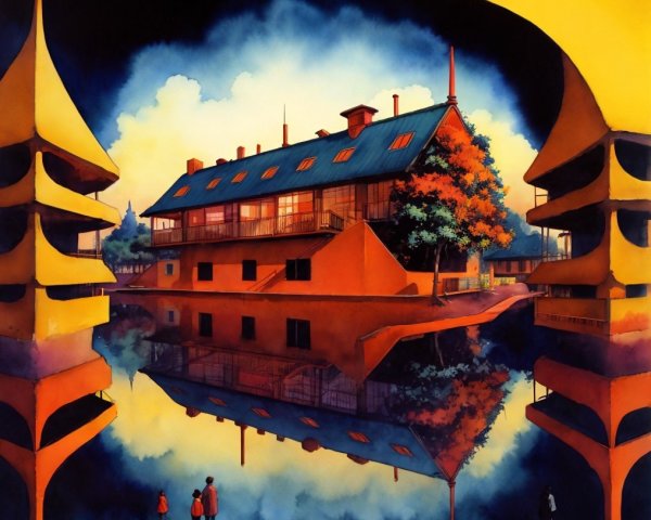 Surreal House by Tranquil Lake with Colorful Sky