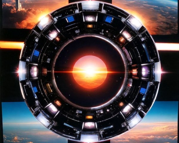 Futuristic Circular Structure with Earth and Rocket Launch