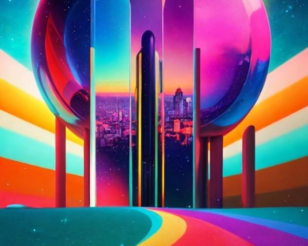 Surreal Landscape with Reflective Orb and Rainbow Pathway