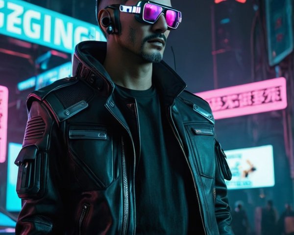 Futuristic Figure in Neon-Lit Cyberpunk Cityscape