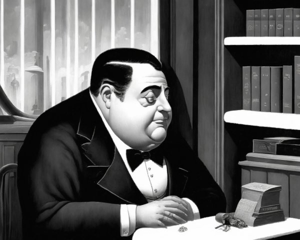 Somber Man in Tuxedo Surrounded by Law Books