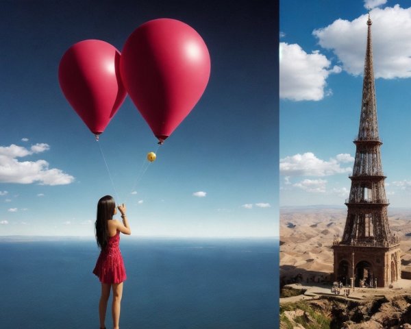 Girl in Red Dress with Balloons on Cliffside Landscape