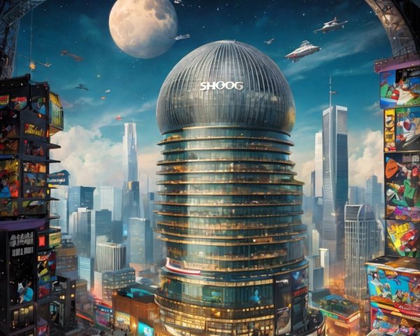 Futuristic Cityscape with Dome-Shaped Skyscraper