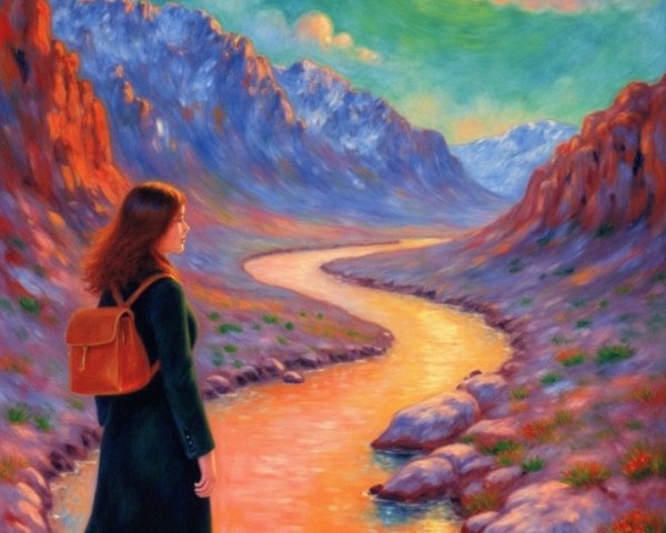 Young Woman in Mountainous River Valley at Twilight