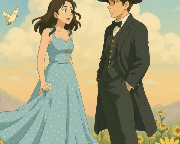 Young Woman in Blue Dress with Man in Black Suit