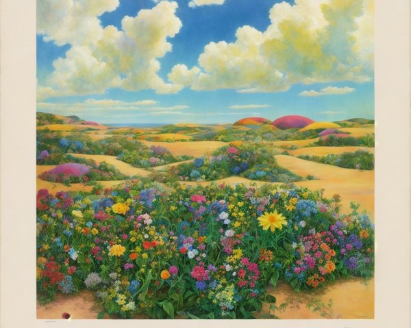 Vibrant Landscape of Colorful Wildflowers and Hills