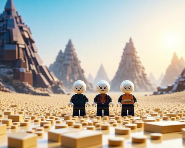LEGO Figures in a Sandy Landscape with Mountains