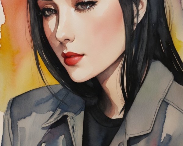 Watercolor Portrait of Woman in Gray Jacket