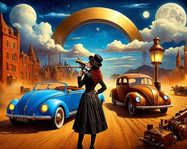 Whimsical Steampunk Landscape with Vintage Cars and Telescope