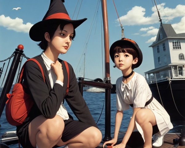 Young girls on dock with toy boat and serene backdrop