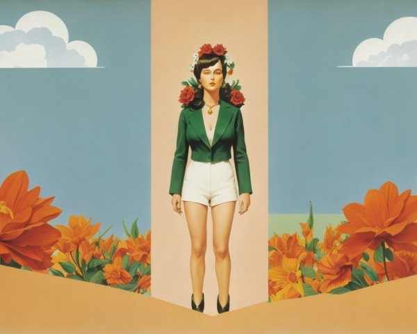 Woman in Green Blazer Against Vibrant Floral Background