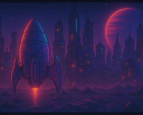Futuristic cityscape with rocket and neon skyline