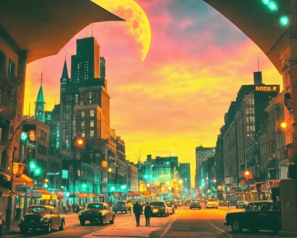 Surreal City Street Scene with Giant Moon and Sunset