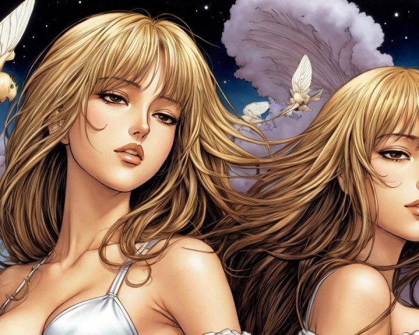 Ethereal Figures with Wings in Starry Night Sky