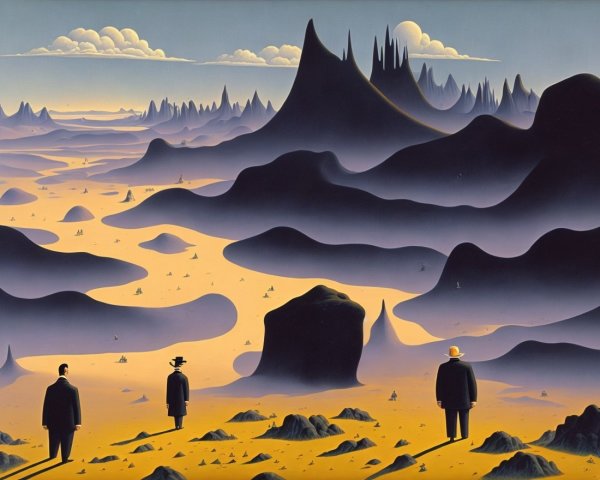 Surreal Landscape with Figures and Jagged Mountains