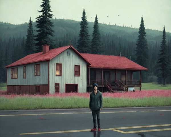 Solitary Figure by Rustic House in Misty Landscape