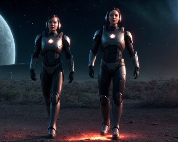 Futuristic Astronauts on Alien Landscape with Planets