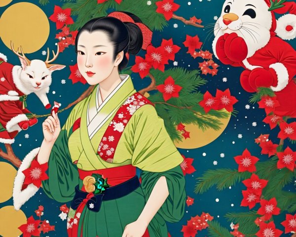 Japanese Woman in Traditional Attire with Cat in Costume