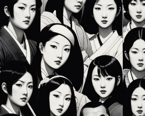 Black and white grid of traditional Japanese faces