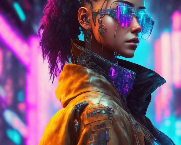 Futuristic Cyberpunk Character in Neon-Lit Setting