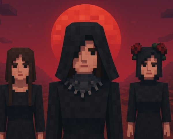 Three Block-Style Characters at Red Sunset Scene