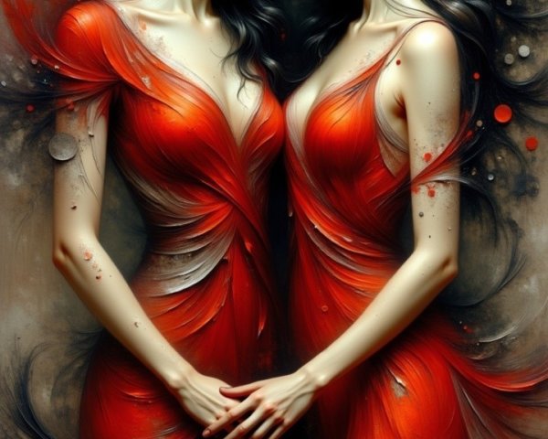 Intertwined Female Figures in Red Dresses with Abstract Elements