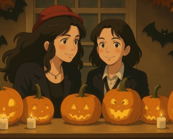 Cozy Halloween Scene with Friends and Decorations